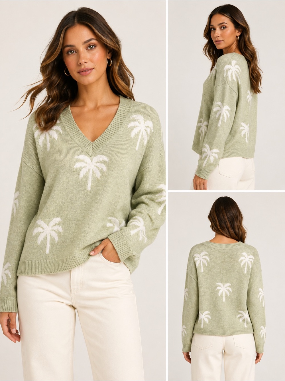 Hem & Thread Sage Green Palm Tree V-Neck Sweater NWT Size M